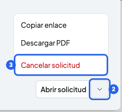 Menú abierto encima del botón Abrir solicitud, con la flecha numerada con el 2 y Cancelar solicitud numerada con el 3
