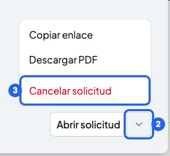 Menú abierto encima del botón Abrir solicitud, con la flecha numerada con el 2 y Cancelar solicitud numerada con el 3