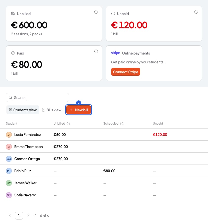 Payments page with the Unbilled, Unpaid and Paid totals, the list of students and the New bill button numbered 2
