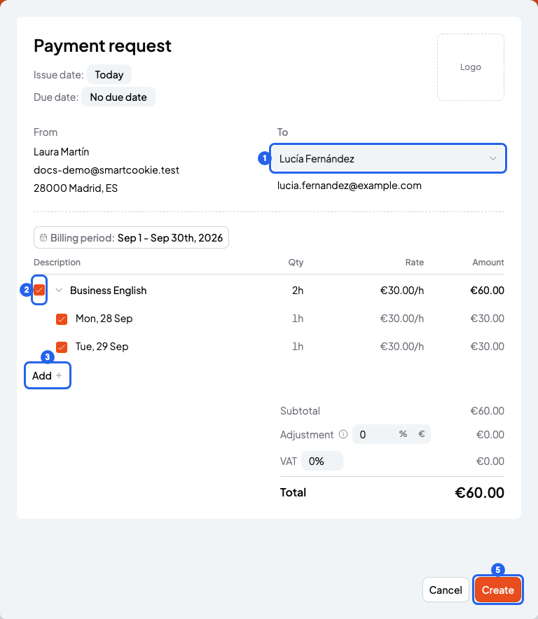 New bill form with the To field, a course's sessions ticked, the Add button and the Create button, numbered 1, 2, 3 and 5