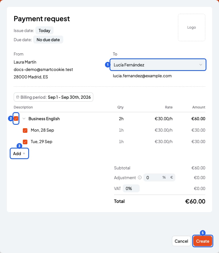 New bill form with the To field, a course's sessions ticked, the Add button and the Create button, numbered 1, 2, 3 and 5