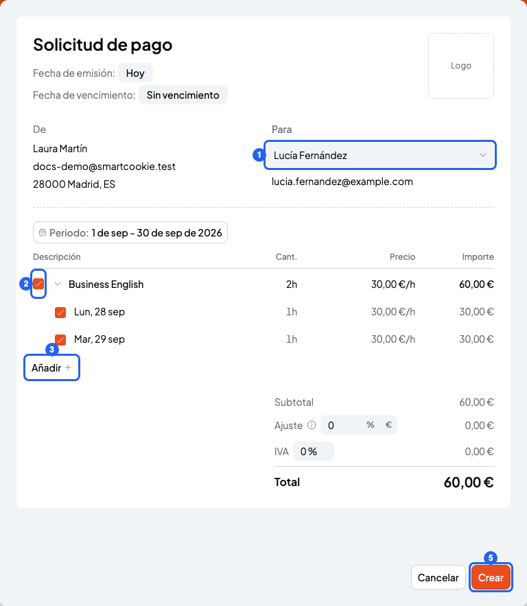 Formulario Nueva solicitud de pago con el campo Para, las sesiones de un curso marcadas, el botón Añadir y el botón Crear, numerados 1, 2, 3 y 5