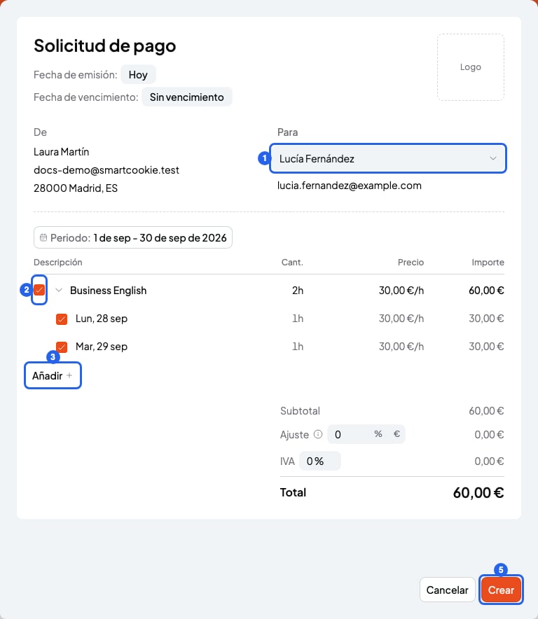 Formulario Nueva solicitud de pago con el campo Para, las sesiones de un curso marcadas, el botón Añadir y el botón Crear, numerados 1, 2, 3 y 5