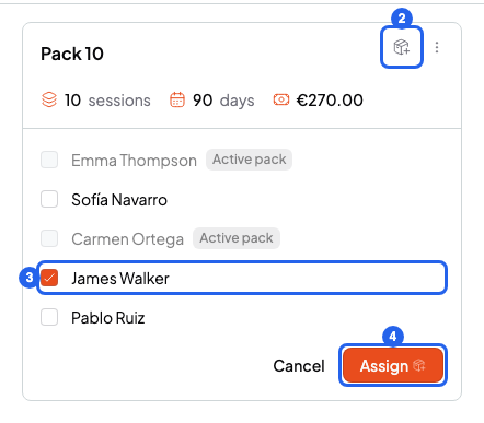 Pack card with the Assign pack button, one student ticked in the list and the Assign button, numbered 2 to 4