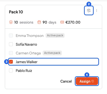 Pack card with the Assign pack button, one student ticked in the list and the Assign button, numbered 2 to 4