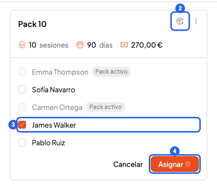 Tarjeta del pack con el botón Asignar pack, un estudiante marcado en la lista y el botón Asignar, numerados del 2 al 4