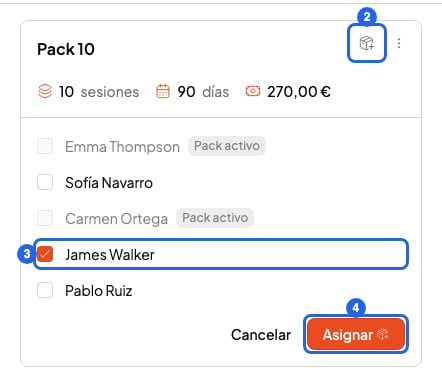 Tarjeta del pack con el botón Asignar pack, un estudiante marcado en la lista y el botón Asignar, numerados del 2 al 4