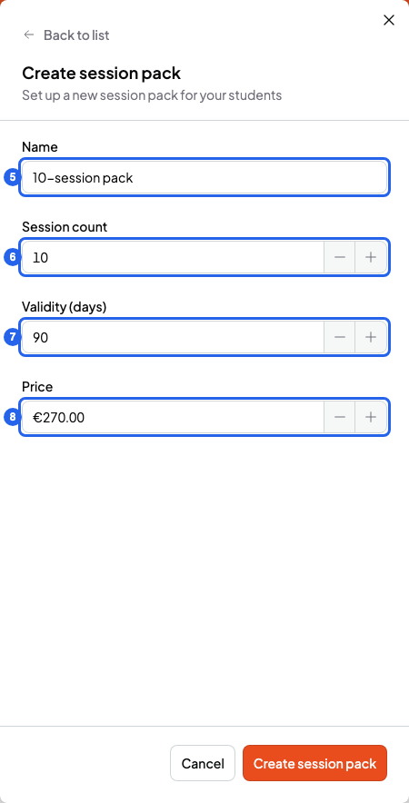 Create session pack form with the Name, Session count, Validity (days) and Price fields, numbered 5 to 8