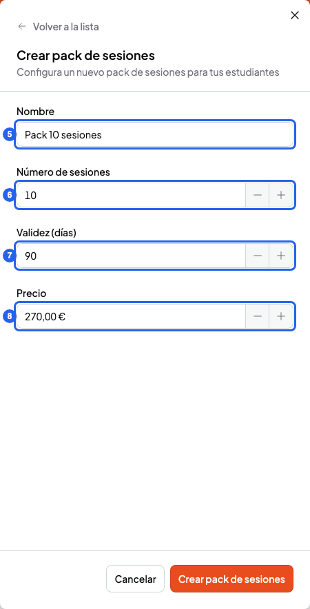 Formulario Crear pack de sesiones con los campos Nombre, Número de sesiones, Validez (días) y Precio, numerados del 5 al 8