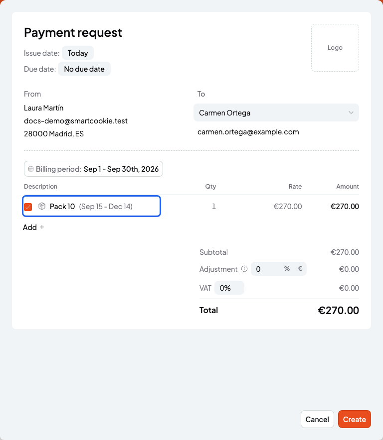 New bill form with a pack ticked and highlighted
