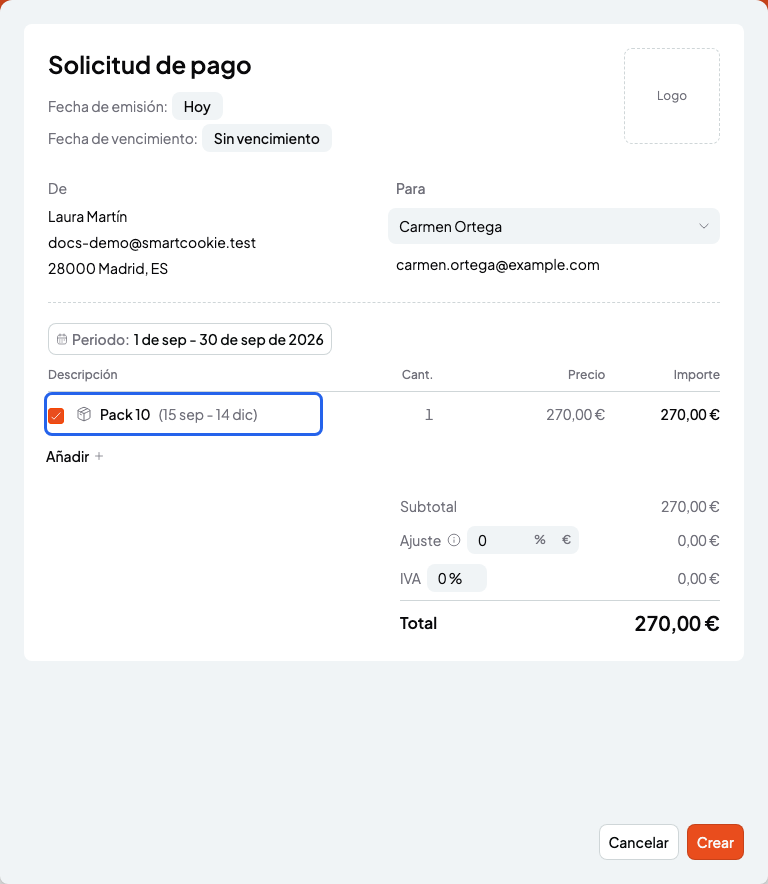Formulario Nueva solicitud de pago con un pack marcado y resaltado