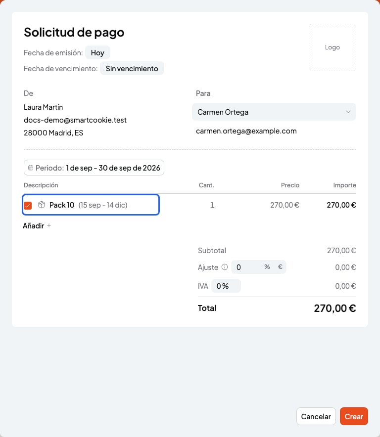 Formulario Nueva solicitud de pago con un pack marcado y resaltado