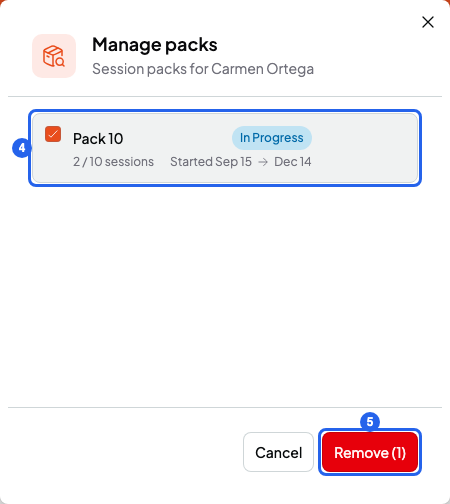 Manage packs panel with a pack ticked and the Remove (1) button, numbered 4 and 5