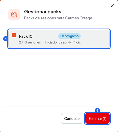 Panel Gestionar packs con un pack marcado y el botón Eliminar (1), numerados 4 y 5