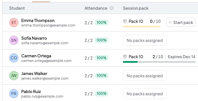 Students tab with the Session pack column: one pack with 2 of 10 sessions used and its expiry date, one not started and students without a pack