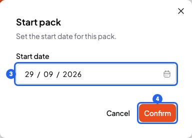Start pack window with the Start date field and the Confirm button, numbered 3 and 4