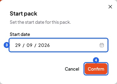 Start pack window with the Start date field and the Confirm button, numbered 3 and 4