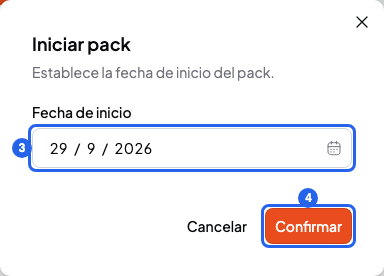 Ventana Iniciar pack con el campo Fecha de inicio y el botón Confirmar, numerados 3 y 4