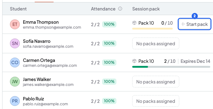 Students tab of a course with one pack in progress and another student's Start pack button numbered 2