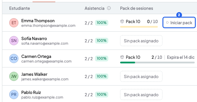 Pestaña Estudiantes de un curso con un pack en curso y el botón Iniciar pack de otro estudiante numerado con el 2
