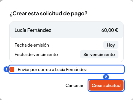 Ventana ¿Crear esta solicitud de pago? con la casilla Enviar por correo a y el botón Crear solicitud, numerados 1 y 2