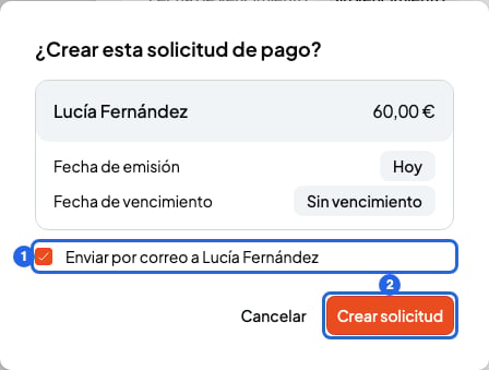 Ventana ¿Crear esta solicitud de pago? con la casilla Enviar por correo a y el botón Crear solicitud, numerados 1 y 2