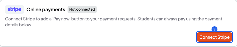 Online payments block with the Not connected label and the Connect Stripe button numbered 3