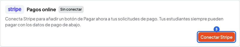Bloque Pagos online con la etiqueta Sin conectar y el botón Conectar Stripe numerado con el 3