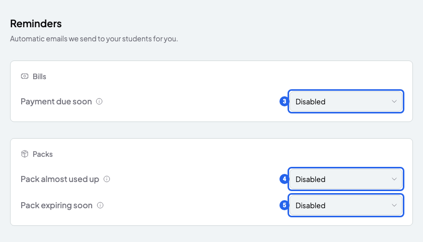 Reminders page with the Payment due soon, Pack almost used up and Pack expiring soon dropdowns, numbered 3 to 5