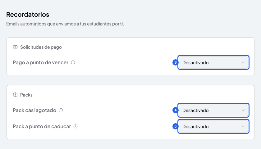 Página Recordatorios con los desplegables Pago a punto de vencer, Pack casi agotado y Pack a punto de caducar, numerados del 3 al 5
