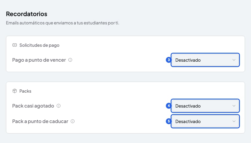 Página Recordatorios con los desplegables Pago a punto de vencer, Pack casi agotado y Pack a punto de caducar, numerados del 3 al 5