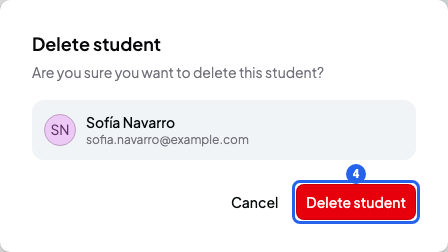 Delete student window with the student's name and email, and the Delete student button numbered 4