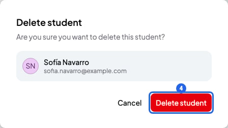 Delete student window with the student's name and email, and the Delete student button numbered 4
