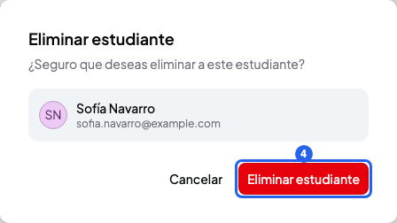 Ventana Eliminar estudiante con el nombre y el email del estudiante, y el botón Eliminar estudiante numerado con el 4