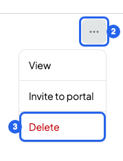 A student's row menu open, with the three-dot button numbered 2 and Delete numbered 3