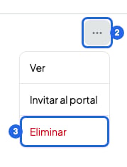 Menú de la fila de un estudiante abierto, con el botón de tres puntos numerado con el 2 y Eliminar numerado con el 3