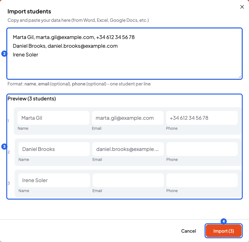 Import students window with a pasted list of 3 students, its preview and the Import button, numbered 2 to 4