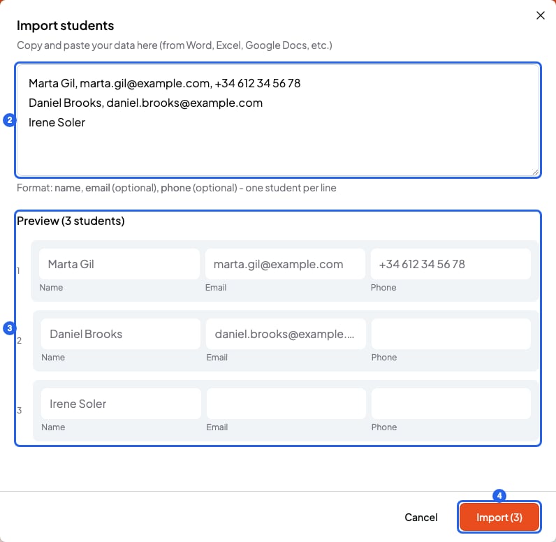 Import students window with a pasted list of 3 students, its preview and the Import button, numbered 2 to 4