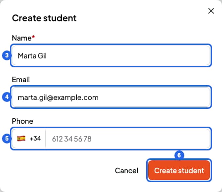 Create student window with the Name, Email and Phone fields and the Create student button, numbered 3 to 6