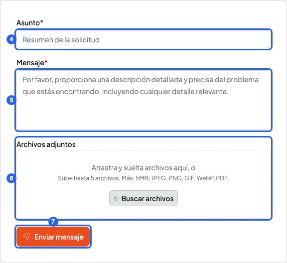 Formulario con los campos Asunto, Mensaje y Archivos adjuntos y el botón Enviar mensaje, numerados del 4 al 7