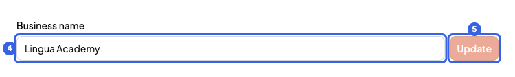 Business name field numbered 4 and the Update button numbered 5