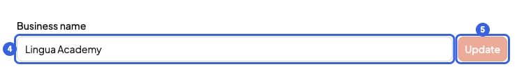 Business name field numbered 4 and the Update button numbered 5