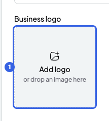 Business logo field with the Add logo button numbered 1