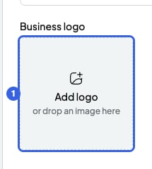 Business logo field with the Add logo button numbered 1
