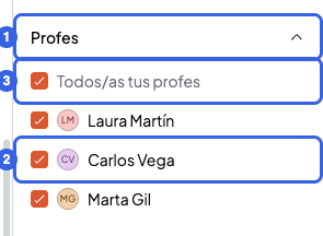 Panel Profes con Profes numerado con el 1, Carlos Vega con el 2 y Todos/as tus profes con el 3