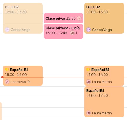 Week view with Carlos Vega's and Laura Martín's sessions, each with its teacher's photo and name