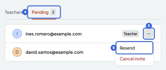 Pending tab numbered 4, the three-dots button numbered 5 and Resend numbered 6