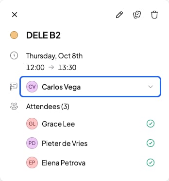 DELE B2 session open in the calendar with the Carlos Vega teacher selector highlighted