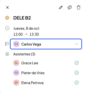 Sesión DELE B2 abierta en el calendario con el selector de profe Carlos Vega resaltado
