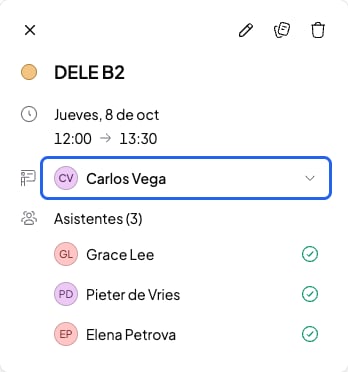 Sesión DELE B2 abierta en el calendario con el selector de profe Carlos Vega resaltado